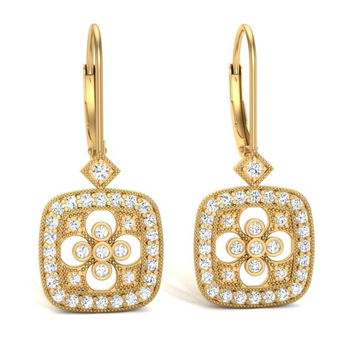 14K YELLOW GOLD CUSHION SHAPED FLOWER DESIGN DIAMOND DROP EARRINGS